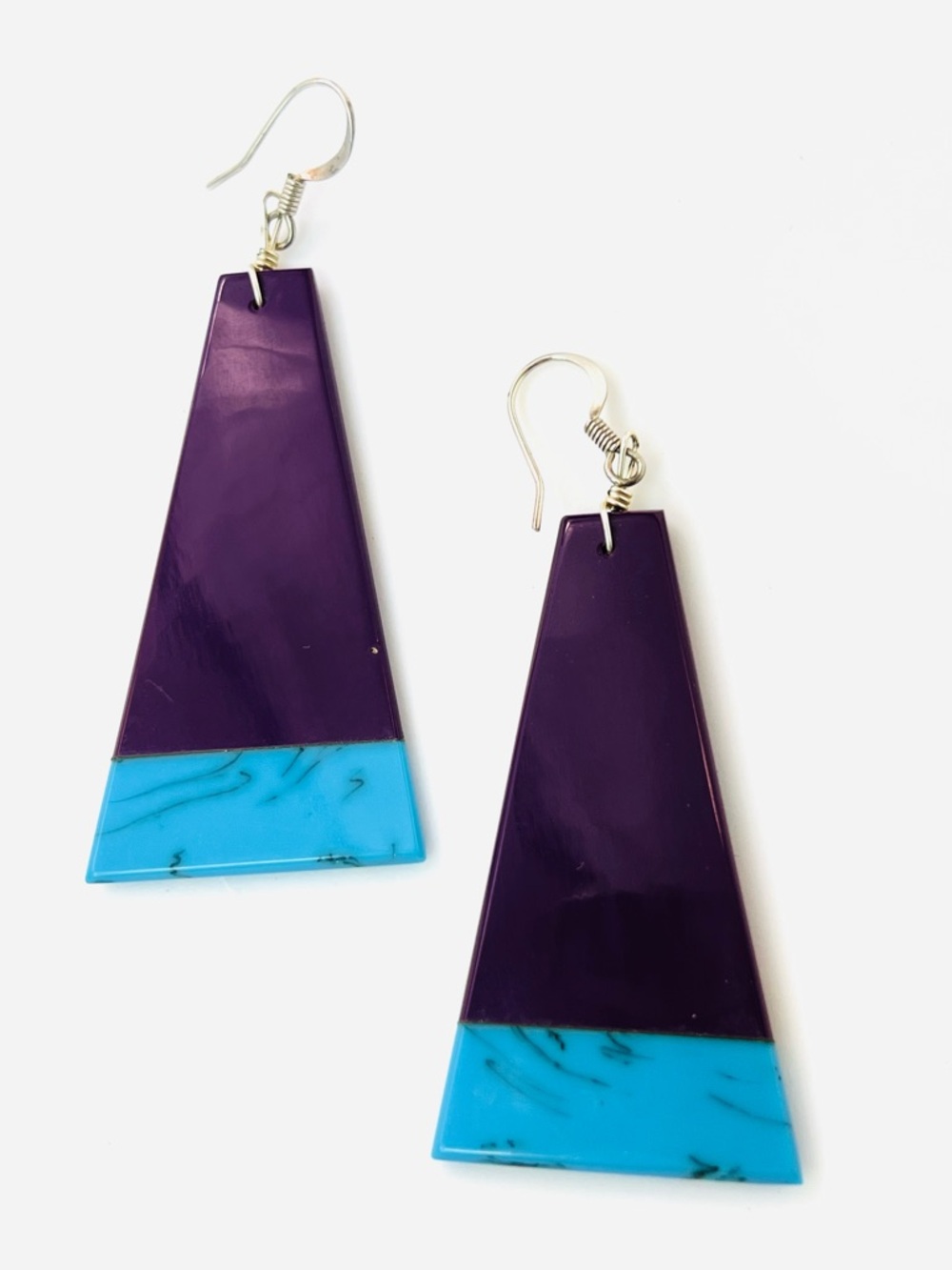 Native American Style Inlay Earrings Purple Turquoise Sterling Silver Hooks 2.5”